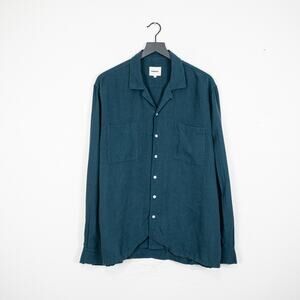 Noyoco Men's Linen Chemise Barry Shirt camp collar blue Petrol size Large